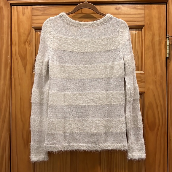 Ann Taylor LOFT Winter White Wool Blend Pullover Faux Fur and Sequin Sweater - Picture 3 of 5